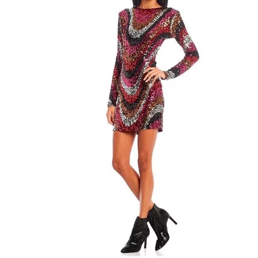 B DARLIN Sequined‎ Low-Back Mini Dress Juniors XS Multi Crew Neck Long Sleeve - Picture 3 of 12